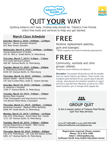 QUIT WAY Quitting tobacco isn't easy. Finding help should be. Tobacco Free Florida offers free tools and services to help you get started. Nicotine replacement patches, gum and lozenges*. *While supplies last and if medically appropriate. Community, worksite and clinic groups offered. Programs cover all forms of tobacco. Description: This program will provide you with the valuable tools you need to help you quit tobacco. These include: how to prepare a plan that works for you, specific ways to deal with cravings, what physical and emotional symptoms to expect and how to cope with them effectively, as well as four FREE weeks of patches, gum or lozenges while supplies last.