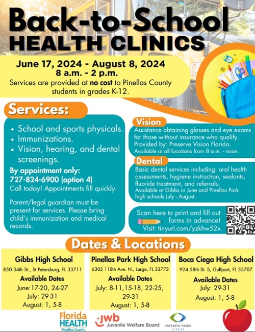 Back to School Health Clinics, June 17th to August 8th 2024