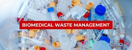 Biomedical waste management words over image of biomedical waste.