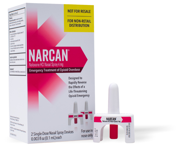 Image of Narcan Box - Not for resale for non-retail distribution narcan naloxone hcl nasal spray 4mg emergency treatment of opioid overdose designed to rapidly reverse the effects of a life threatening opioid emergency 2 single dose nasal spray devices for use in nose only